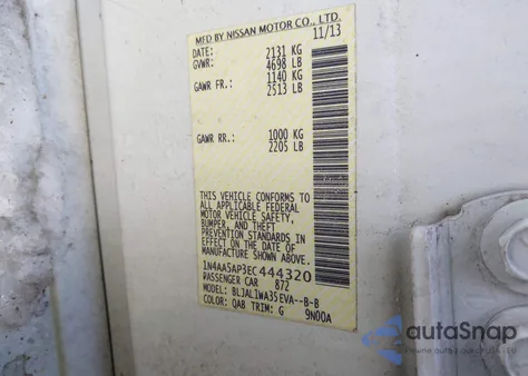 2014 Nissan Maxima 3.5 Sv z USA, uszkodzony, nr VIN 1N4AA5AP3EC444320